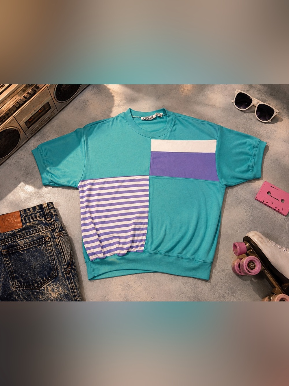 Vintage American Sportif Colorblock Shirt Large 80s 90s Teal Purple Retro Top